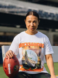 woman in short sleeve white tee